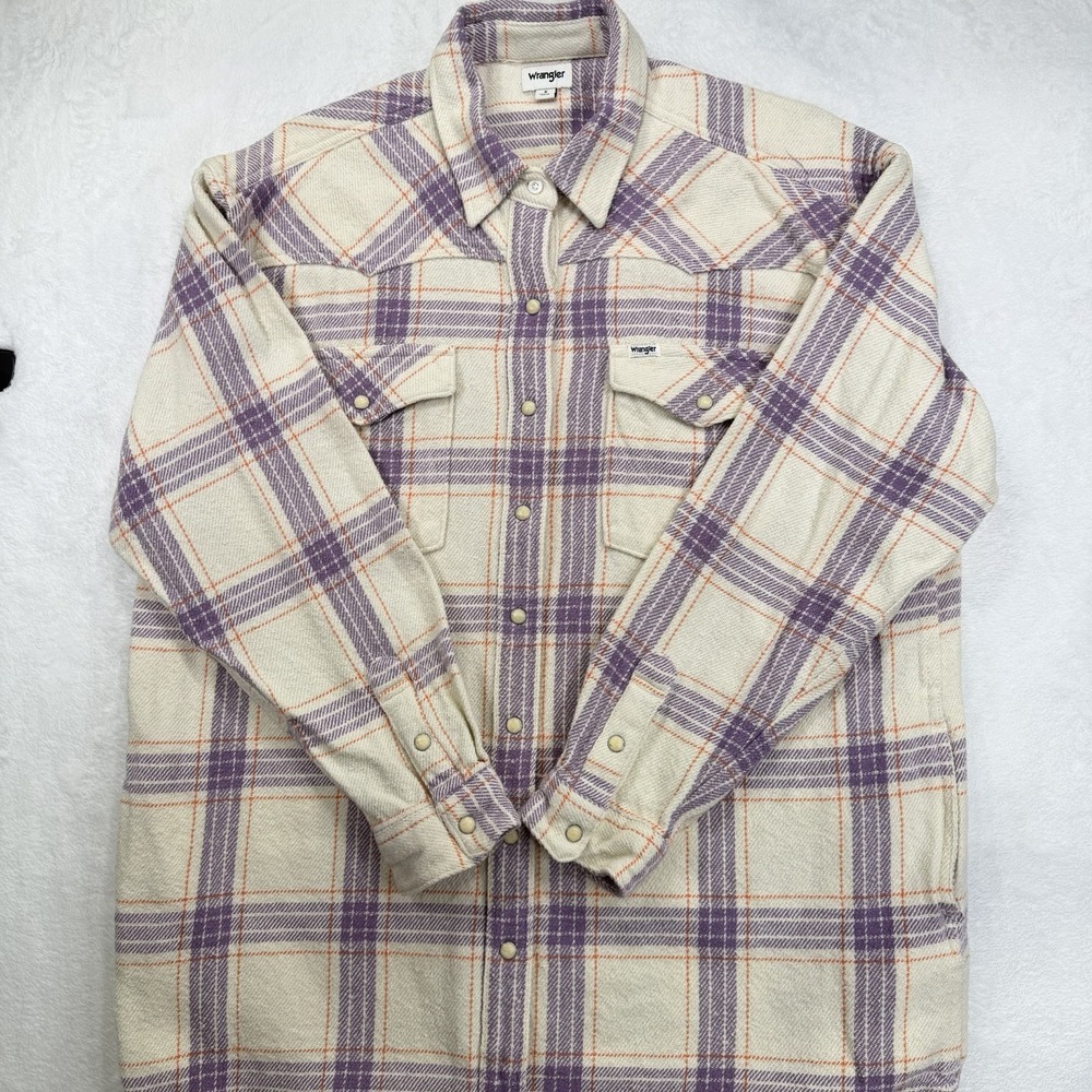 Wrangler Womens Pearl Snap Shacket Size Small White Purple Plaid Cotton Blend